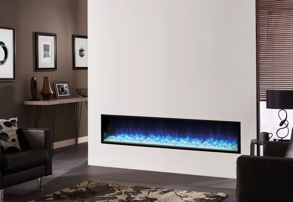 Living room with a long linear fireplace in a white wall